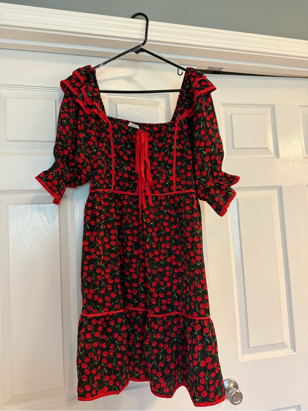 Umgee Black & Red Cherry Print Peasant Dress